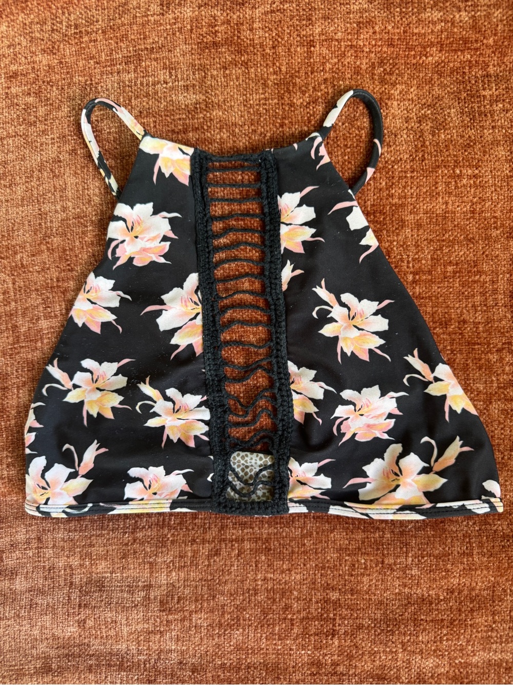 acacia swimwear Black Floral High-Neck Crop Top with Lace Center